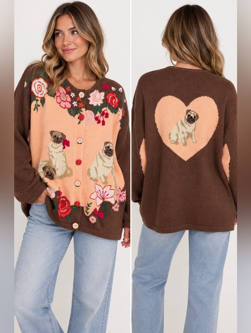 Storybook Knits Pug Dog Floral Cardigan Sweater 2X Cottagecore Novelty
